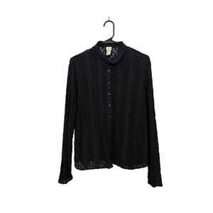 Black Lace Button Up Long Sleeve Shirt Top Women's Size L